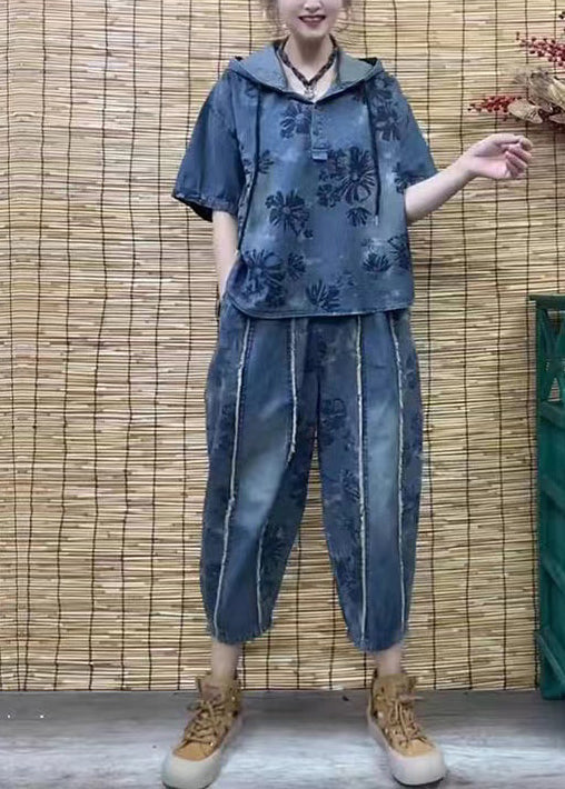 Style Blue Hooded Print Denim Two Pieces Set Summer