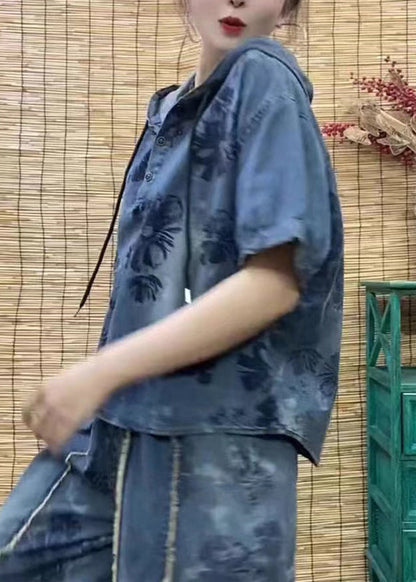 Style Blue Hooded Print Denim Two Pieces Set Summer