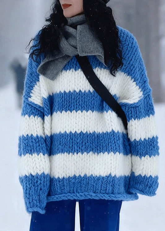 Stilvoller blauer, kuscheliger, gestreifter Baumwollstrickpullover mit Rundhalsausschnitt und langen Ärmeln