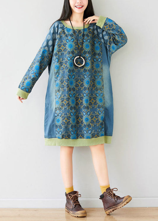 Stil Blau O-Ausschnitt Druck Patchwork Kleid Frühling