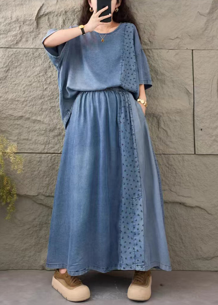 Style Blue Oversized Patchwork Denim Two Pieces Set Summer