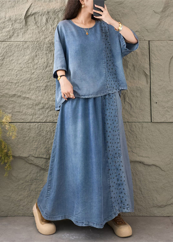 Style Blue Oversized Patchwork Denim Two Pieces Set Summer