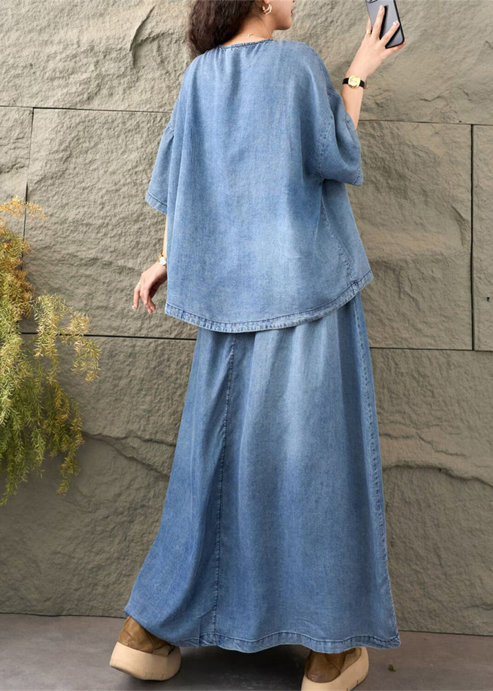Style Blue Oversized Patchwork Denim Two Pieces Set Summer