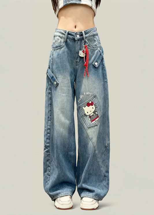 Style Blue Patchwork Kitty Cat Denim Straight Pants Spring