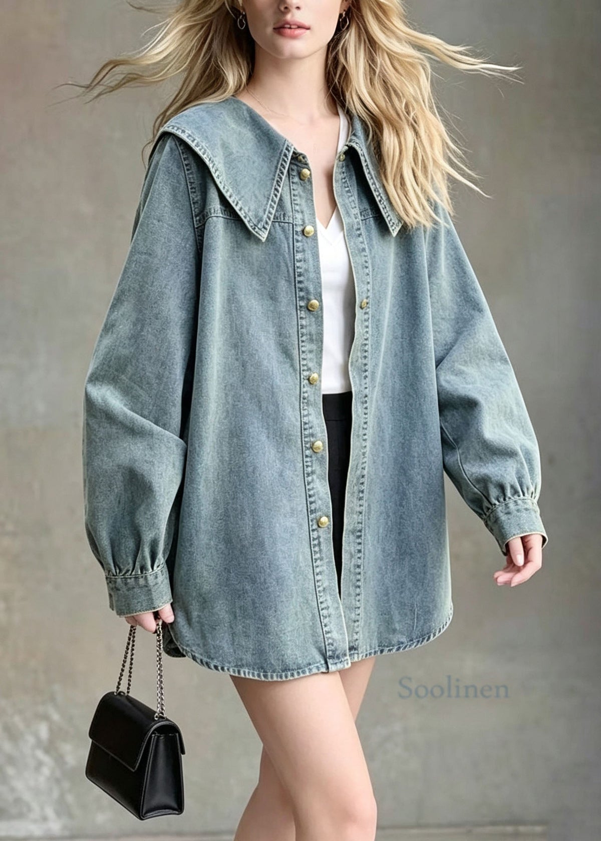 Style Blue Peter Pan Collar Patchwork Denim Shirts Coats Fall