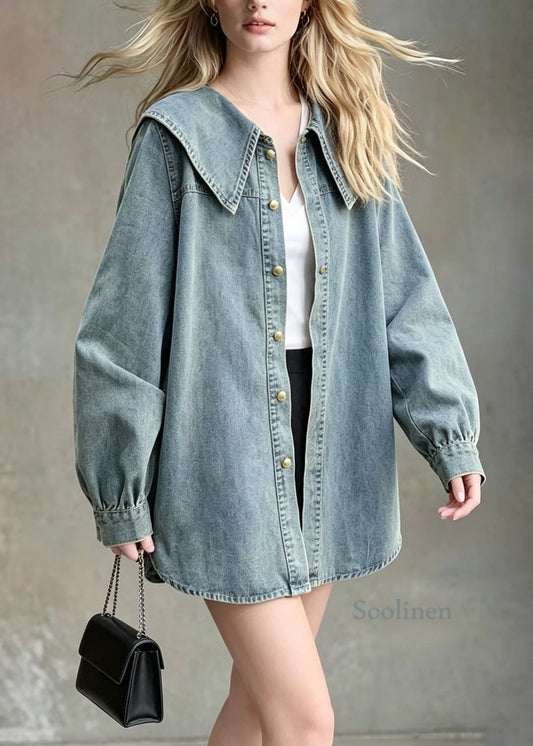 Style Blue Peter Pan Collar Patchwork Denim Shirts Coats Fall