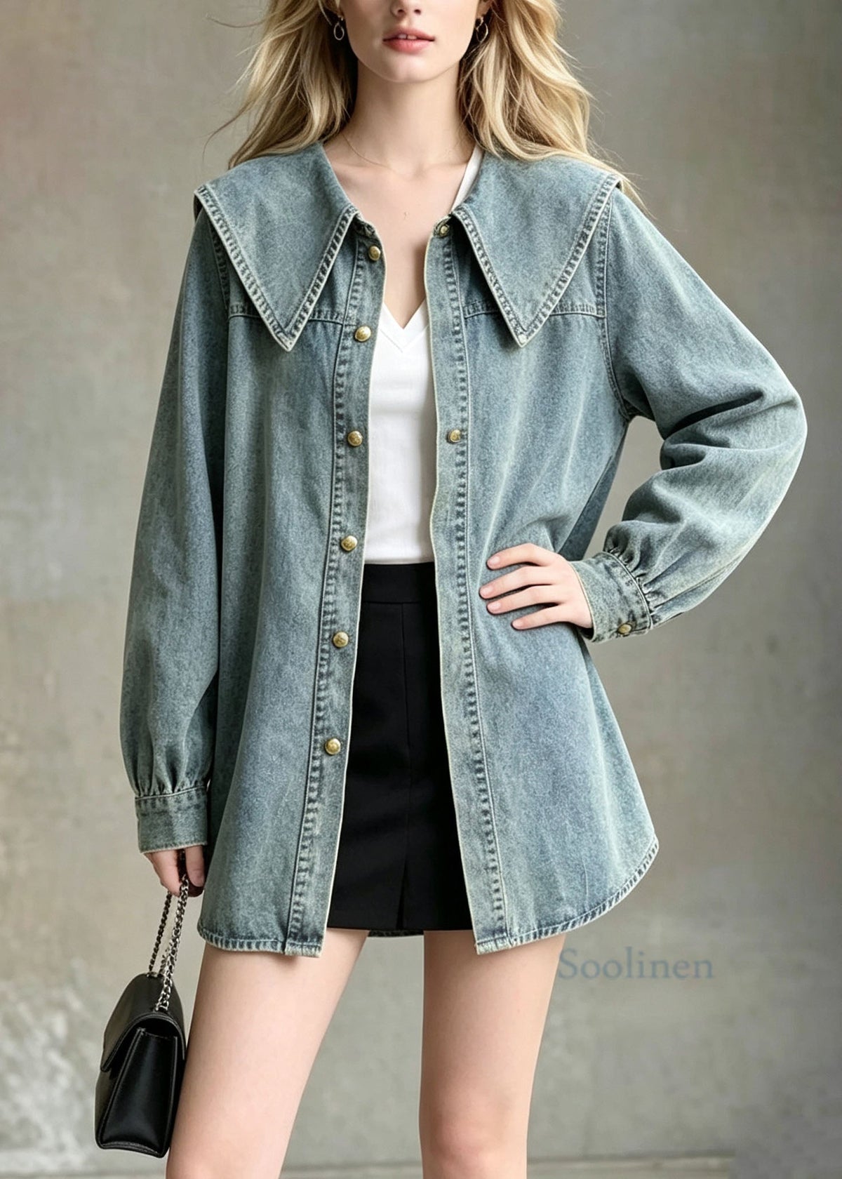 Style Blue Peter Pan Collar Patchwork Denim Shirts Coats Fall