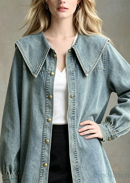 Style Blue Peter Pan Collar Patchwork Denim Shirts Coats Fall