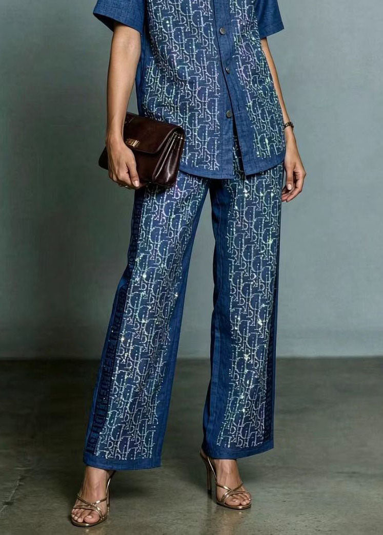 Style Blue Peter Pan Collar Top And Pants Zircon Denim Two Pieces Set Summer