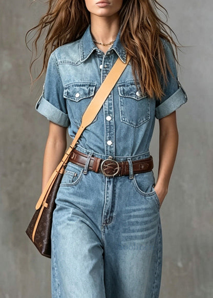 Style Blue Pockets Denim Overalls Jumpsuit Fall