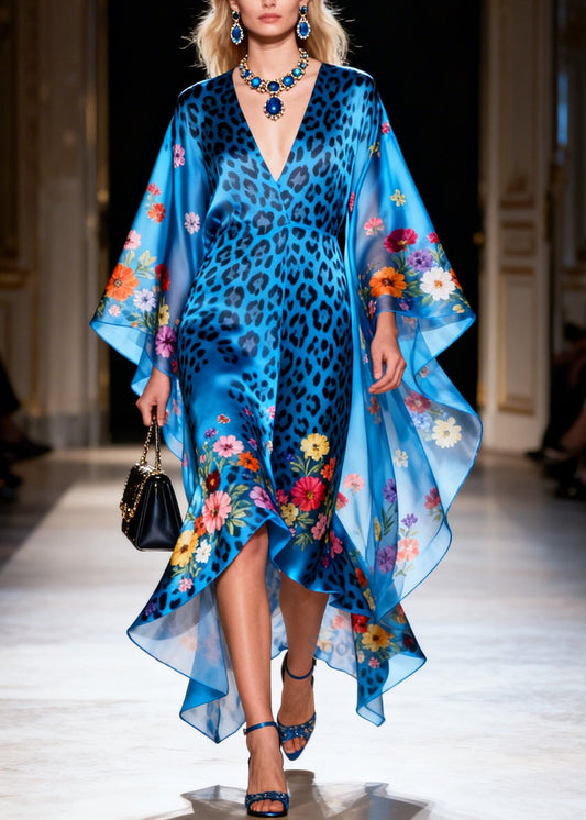 Style Blue Print Asymmetrical Design Silk Vacation Dresses Summer