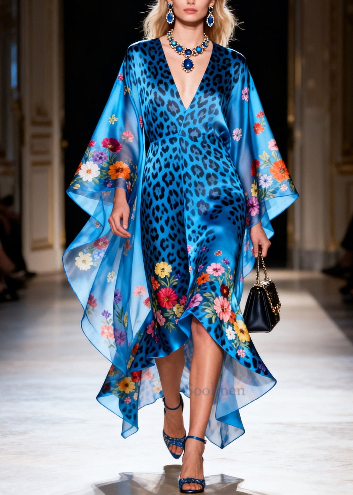 Style Blue Print Asymmetrical Design Silk Vacation Dresses Summer