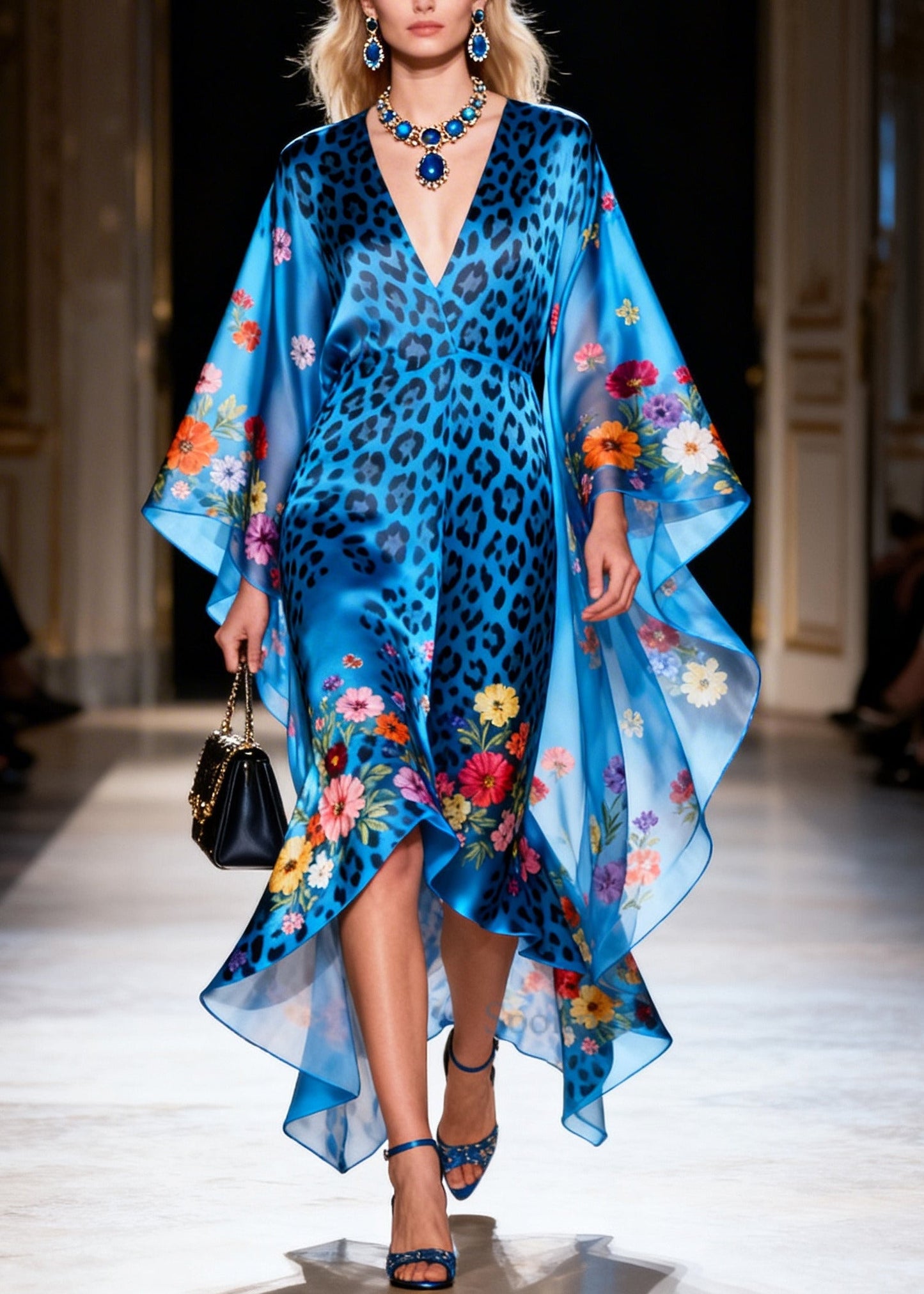 Style Blue Print Asymmetrical Design Silk Vacation Dresses Summer