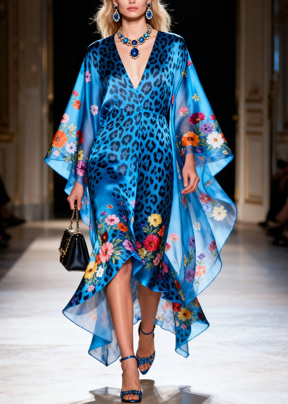 Style Blue Print Asymmetrical Design Silk Vacation Dresses Summer