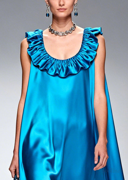 Style Blue Ruffled Floral Silk Robe Dresses Sleeveless
