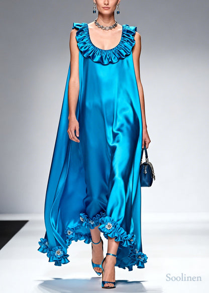 Style Blue Ruffled Floral Silk Robe Dresses Sleeveless