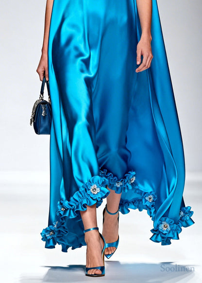Style Blue Ruffled Floral Silk Robe Dresses Sleeveless