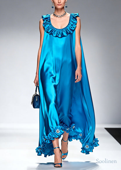 Style Blue Ruffled Floral Silk Robe Dresses Sleeveless