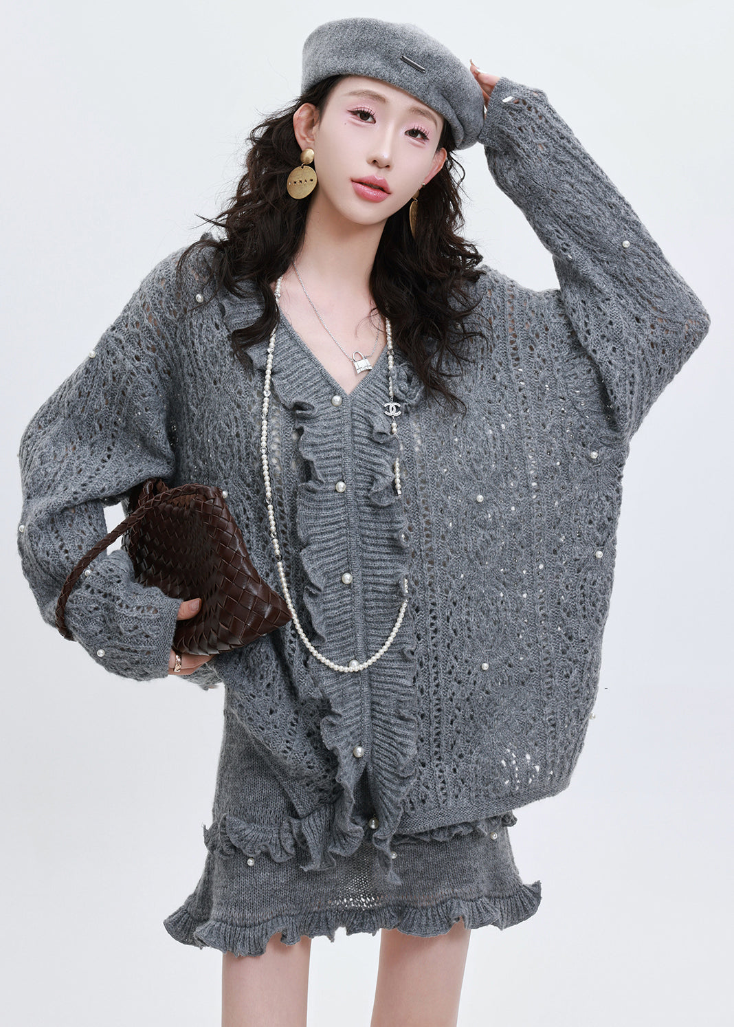 Style Blue Ruffled Nail Bead Hollow Out Knit Two Pieces Set Spring