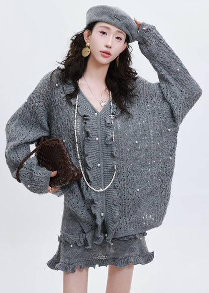 Style Blue Ruffled Nail Bead Hollow Out Knit Two Pieces Set Spring