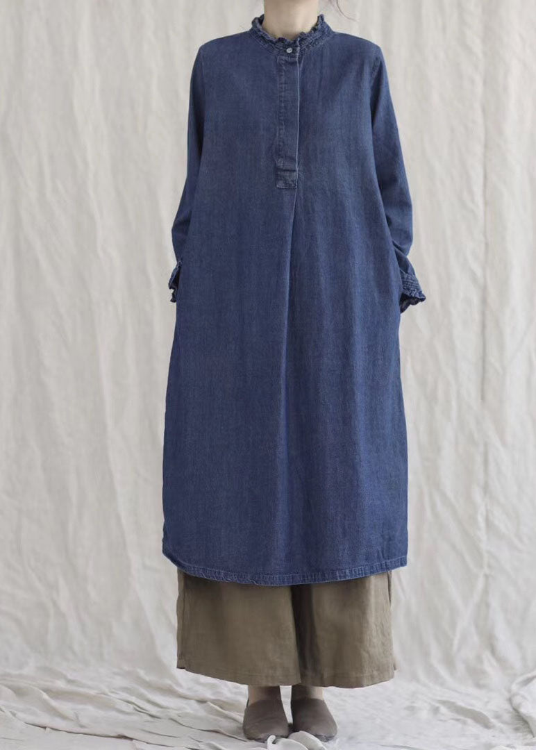 Stil Blau Rüschen Taschen Denim Knöchel Kleid Frühling