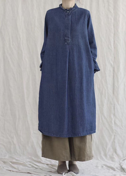 Stil Blau Rüschen Taschen Denim Knöchel Kleid Frühling