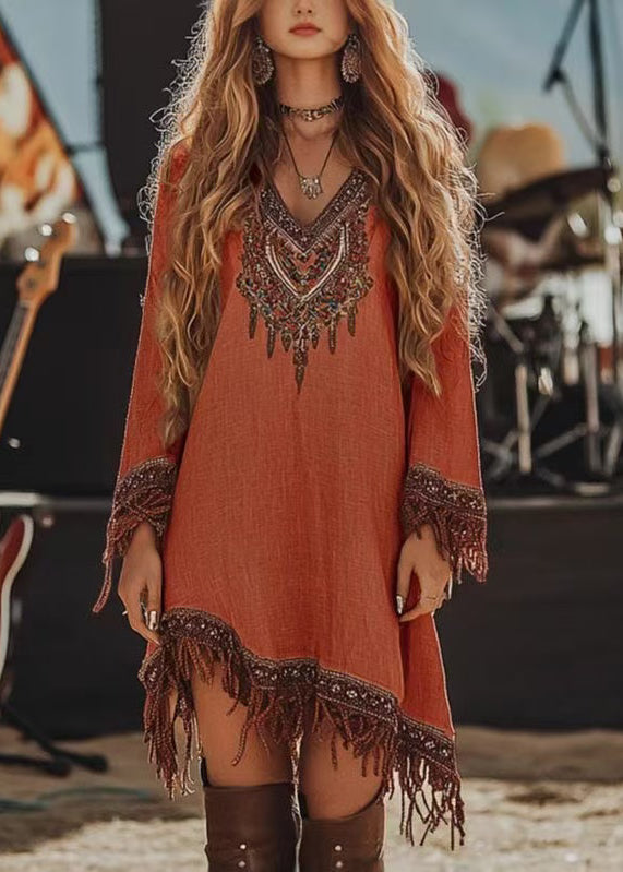 Style Blue Tasseled Print Cotton Holiday Dress Spring