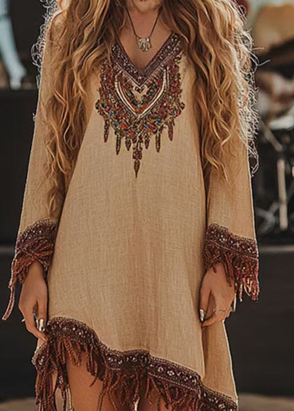 Style Blue Tasseled Print Cotton Holiday Dress Spring