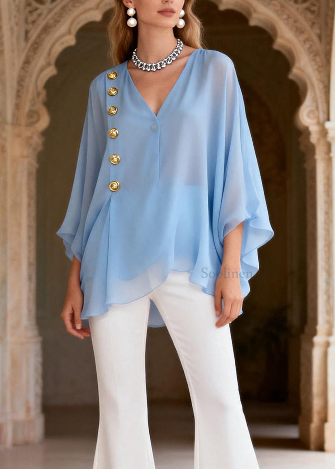 Style Blue V Neck Top And White Pants Silk Women Sets 2 Pieces Summer