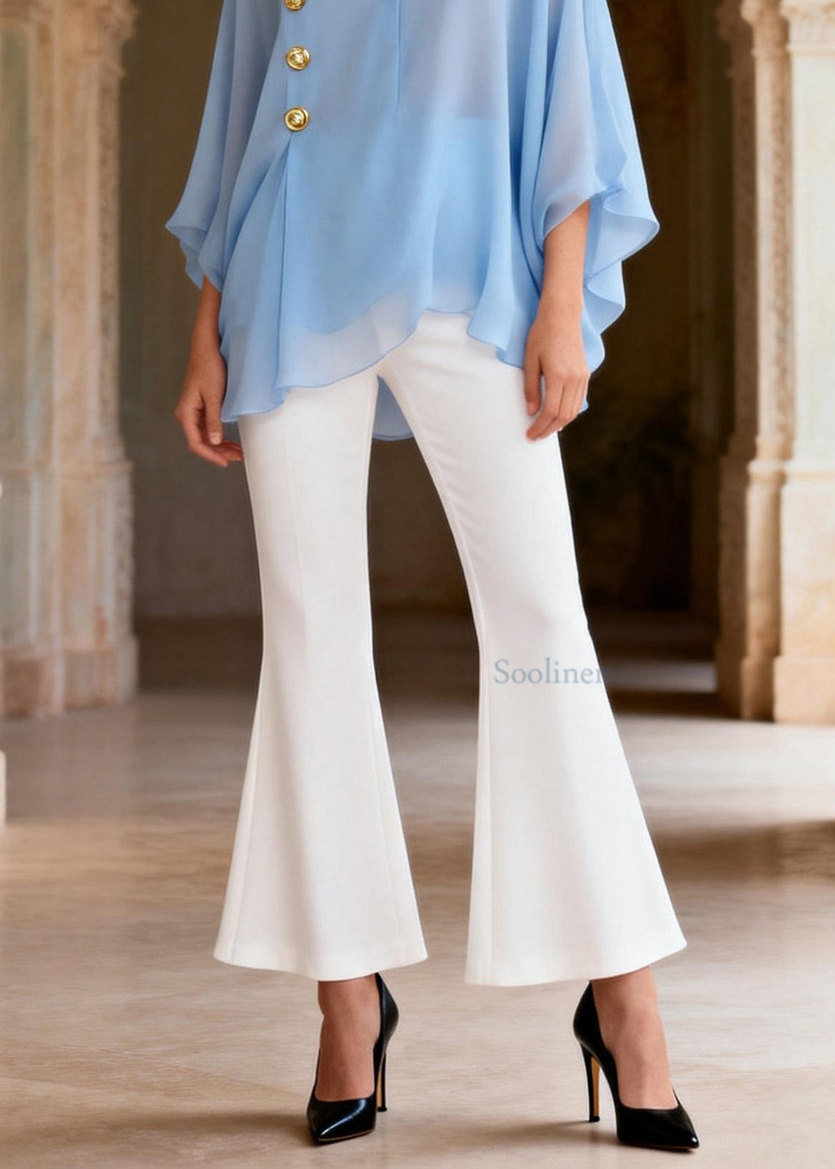 Style Blue V Neck Top And White Pants Silk Women Sets 2 Pieces Summer
