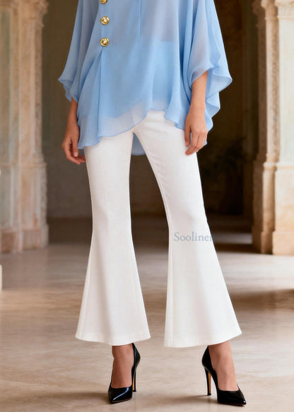 Style Blue V Neck Top And White Pants Silk Women Sets 2 Pieces Summer