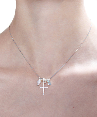 Style Blue Zircon Cross Pearl Adjustable Silver Pendant Necklace