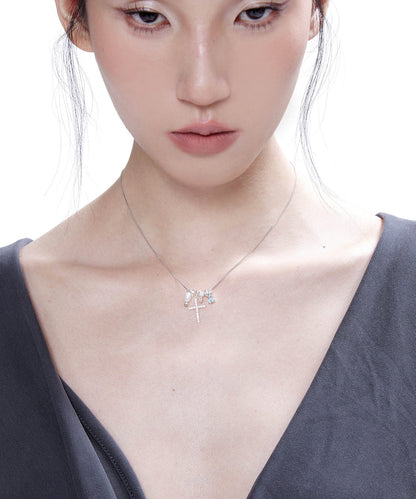 Style Blue Zircon Cross Pearl Adjustable Silver Pendant Necklace