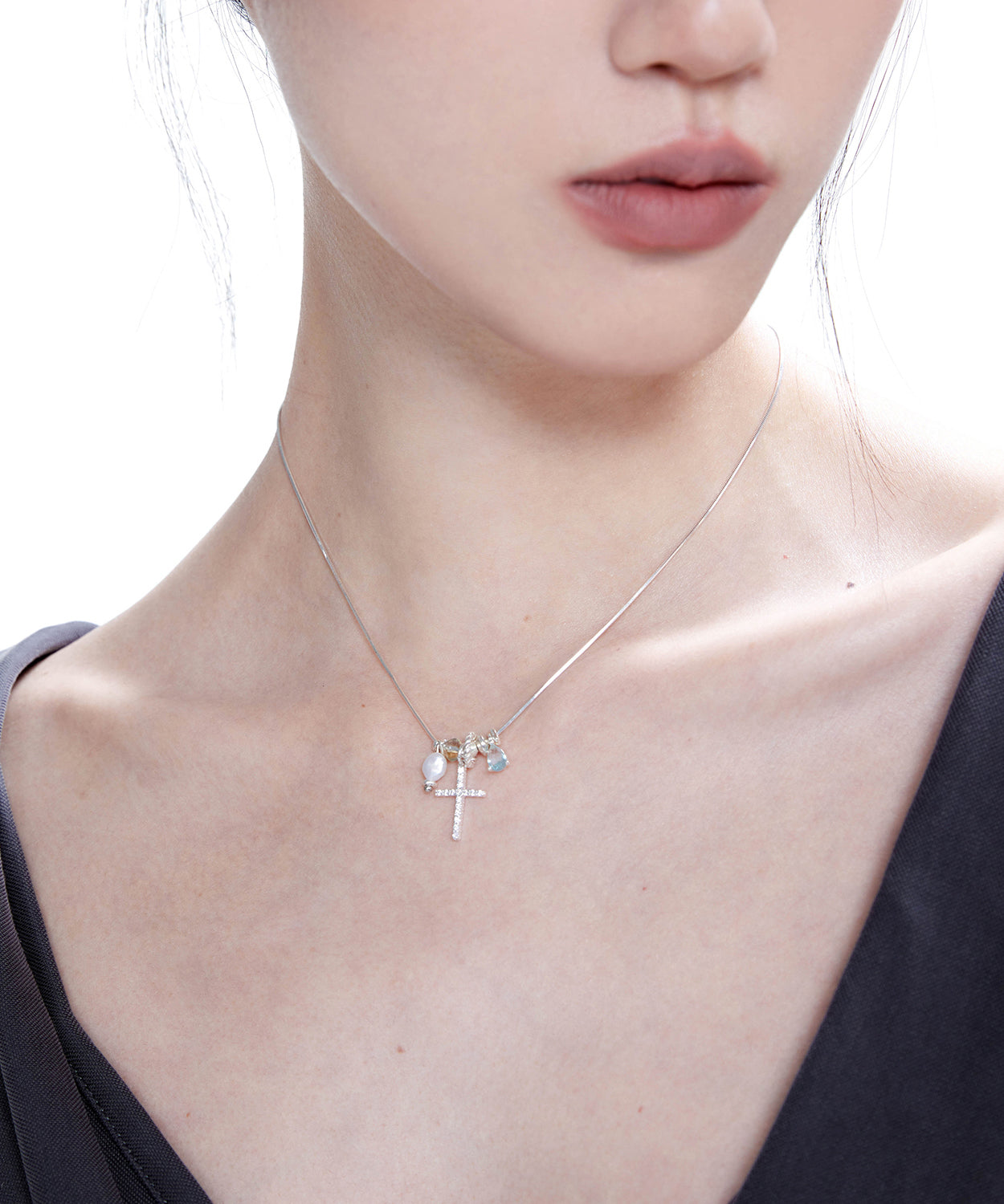 Style Blue Zircon Cross Pearl Adjustable Silver Pendant Necklace