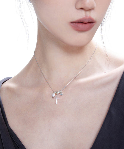 Style Blue Zircon Cross Pearl Adjustable Silver Pendant Necklace