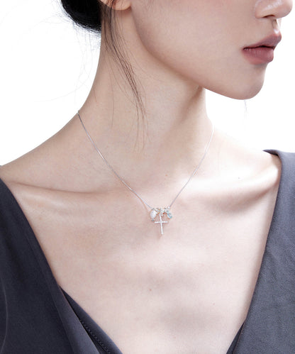 Style Blue Zircon Cross Pearl Adjustable Silver Pendant Necklace
