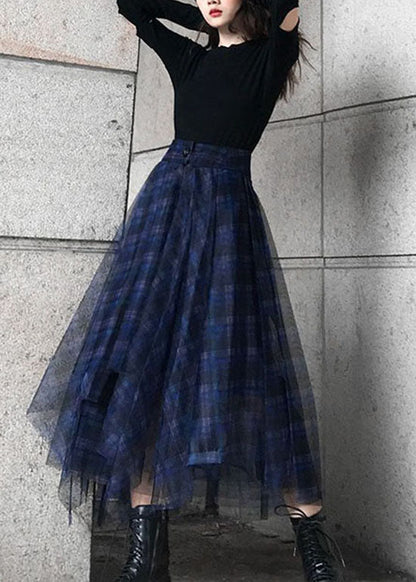 Stil Blau asymmetrische design Plaid tüll Rock Frühling