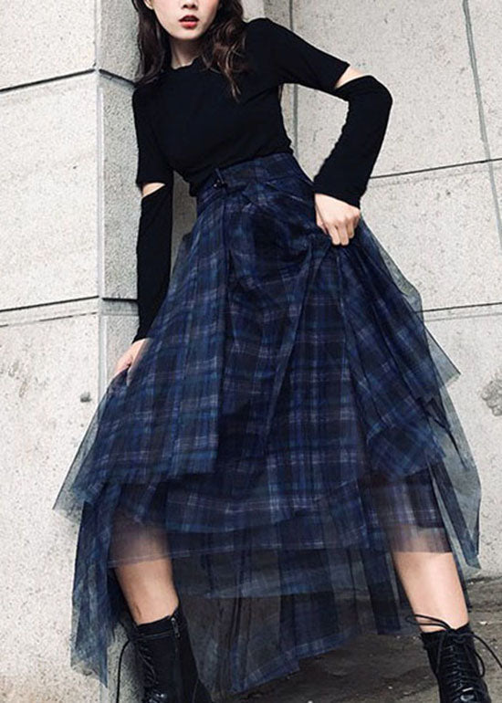 Stil Blau asymmetrische design Plaid tüll Rock Frühling