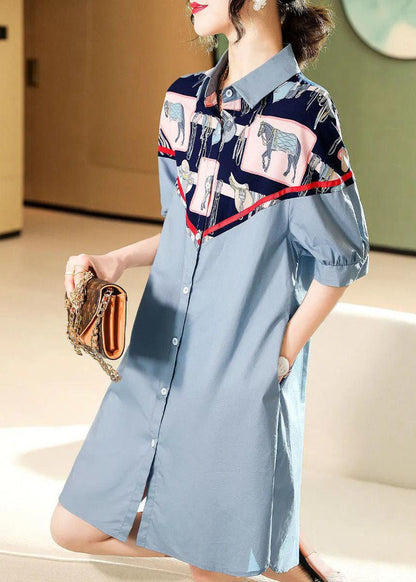 Stil: Blauer Knopf, Peter-Pan-Kragen, Patchwork-Hemd, Kleider mit halben Ärmeln