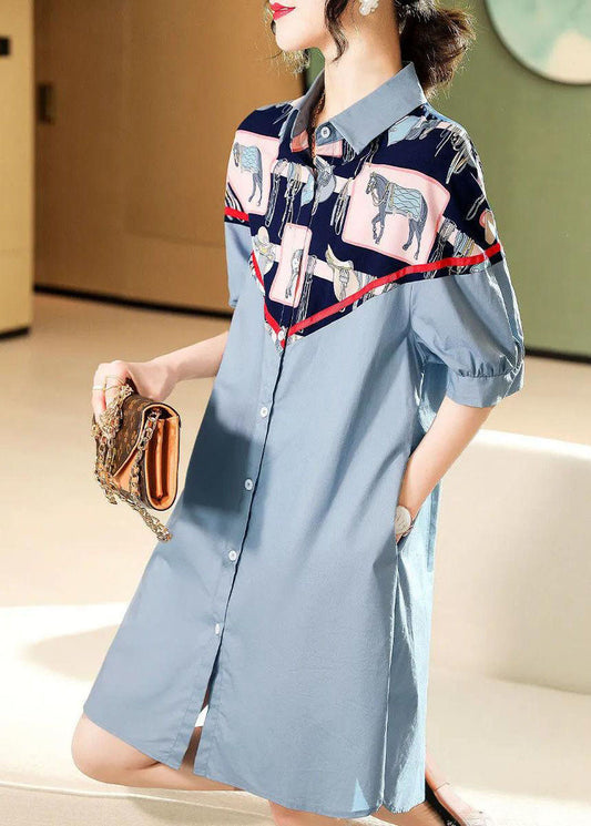 Stil: Blauer Knopf, Peter-Pan-Kragen, Patchwork-Hemd, Kleider mit halben Ärmeln