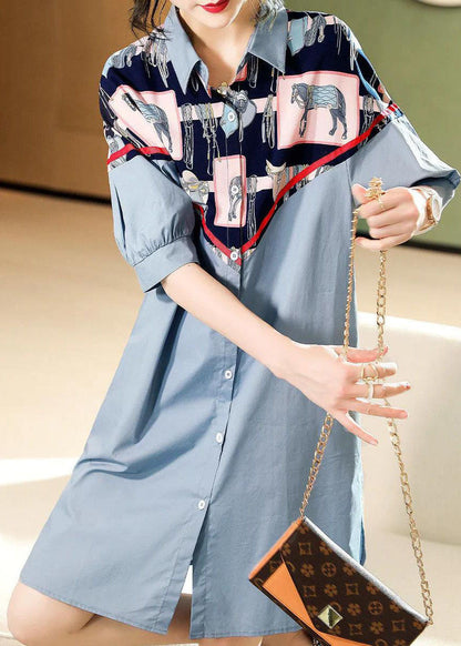 Stil: Blauer Knopf, Peter-Pan-Kragen, Patchwork-Hemd, Kleider mit halben Ärmeln