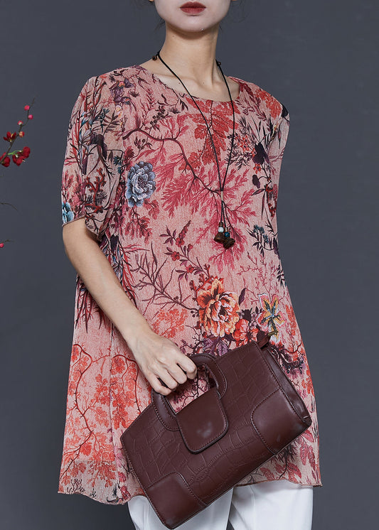 Stil Ziegelrot Oversize Print Chiffon Top Sommer