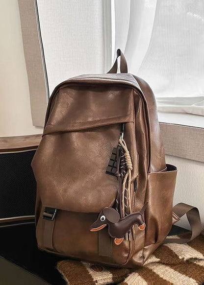 Style Brown Large Capacity Solid Durable Faux Leather Backpack Bag