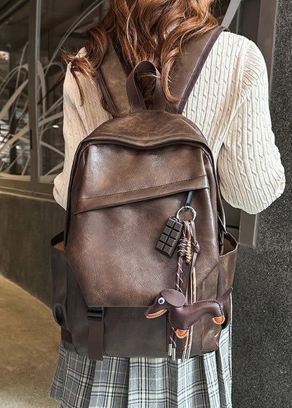 Style Brown Large Capacity Solid Durable Faux Leather Backpack Bag