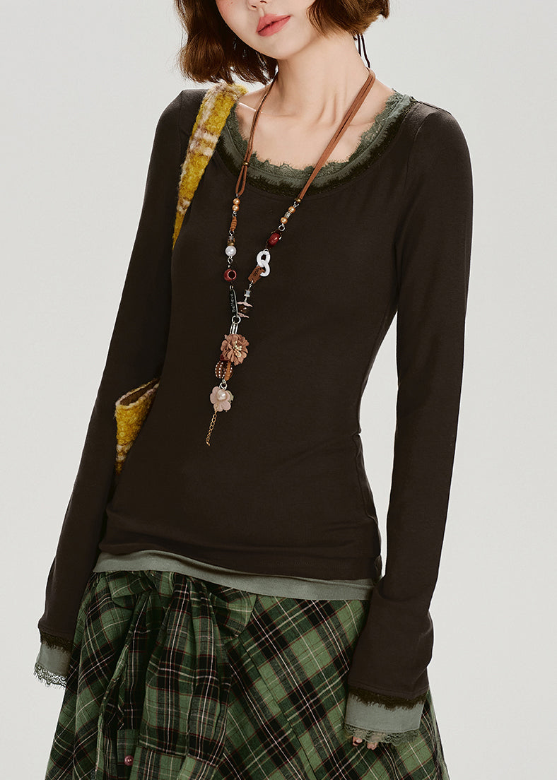 Stilvolles braunes Patchwork-Oberteil aus Baumwolle mit Rundhalsausschnitt, zweiteilig, im Stil eines Zweiteilers, Frühling