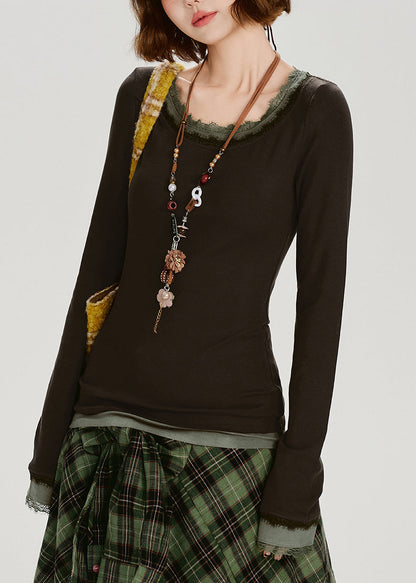 Stilvolles braunes Patchwork-Oberteil aus Baumwolle mit Rundhalsausschnitt, zweiteilig, im Stil eines Zweiteilers, Frühling