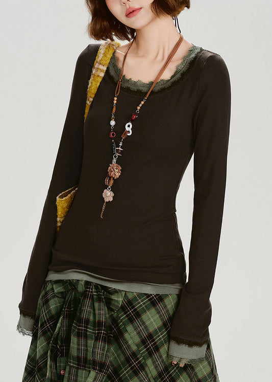 Stilvolles braunes Patchwork-Oberteil aus Baumwolle mit Rundhalsausschnitt, zweiteilig, im Stil eines Zweiteilers, Frühling