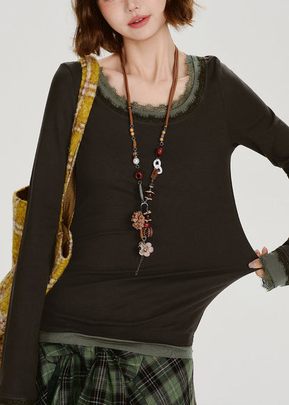 Stilvolles braunes Patchwork-Oberteil aus Baumwolle mit Rundhalsausschnitt, zweiteilig, im Stil eines Zweiteilers, Frühling