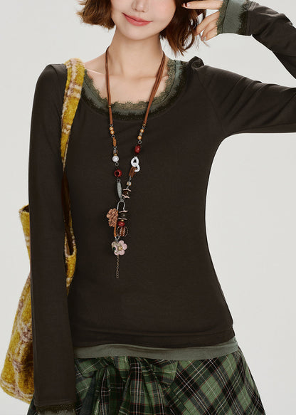 Stilvolles braunes Patchwork-Oberteil aus Baumwolle mit Rundhalsausschnitt, zweiteilig, im Stil eines Zweiteilers, Frühling