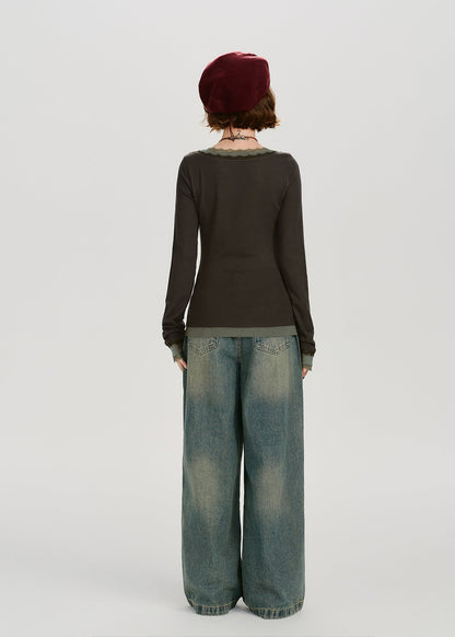 Stilvolles braunes Patchwork-Oberteil aus Baumwolle mit Rundhalsausschnitt, zweiteilig, im Stil eines Zweiteilers, Frühling